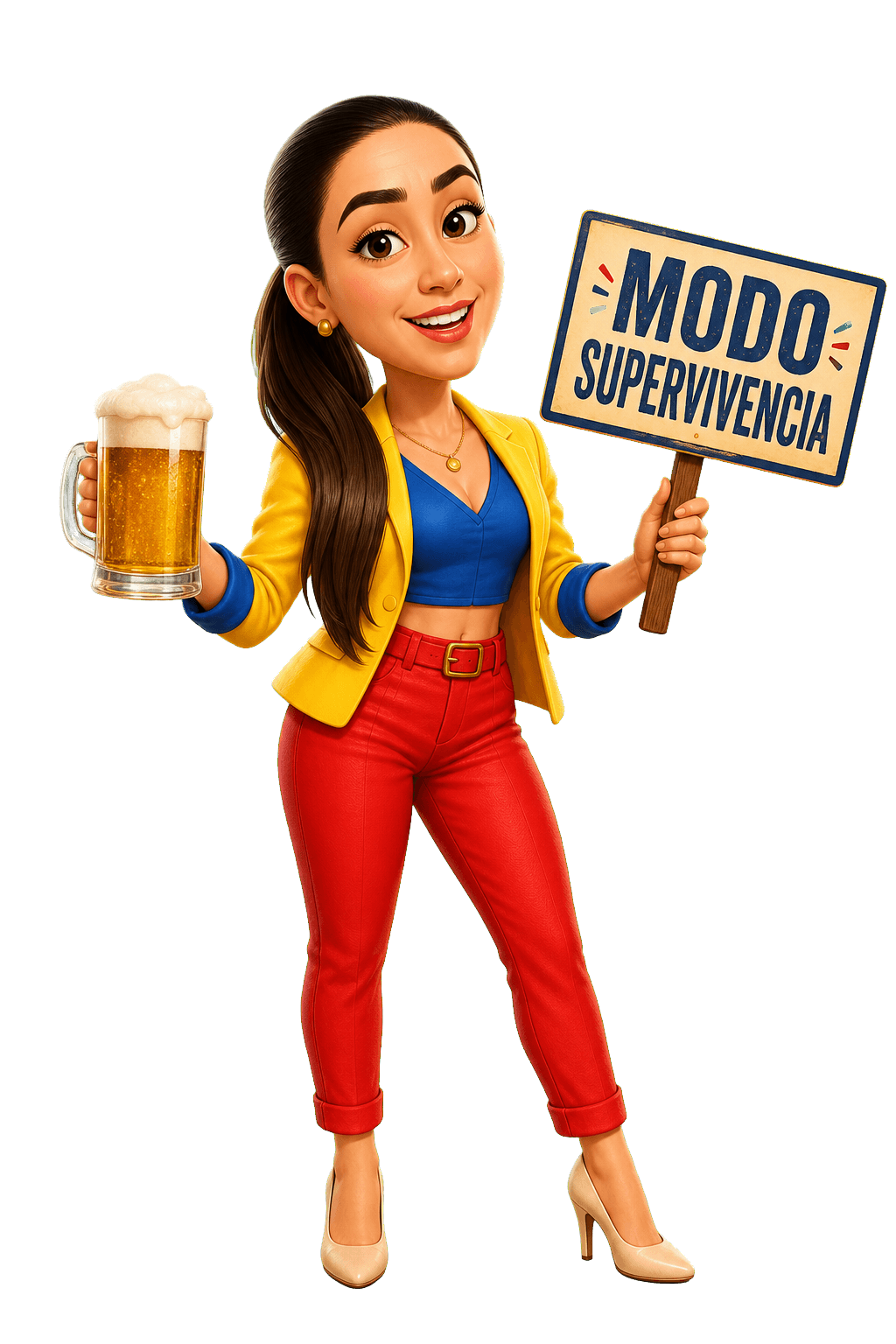 Caricatura generada de Sofía Vela Mejía sosteniendo una cerveza y un letrero de Modo Supervivencia