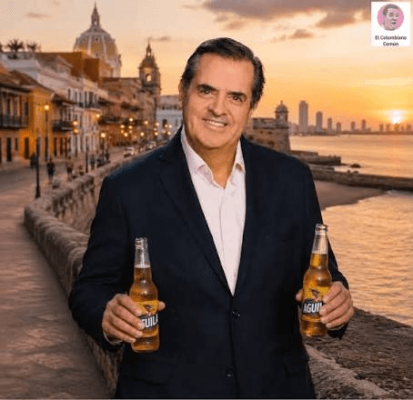 Fotomontaje humorístico de Rafael Poveda en Cartagena sosteniendo dos cervezas