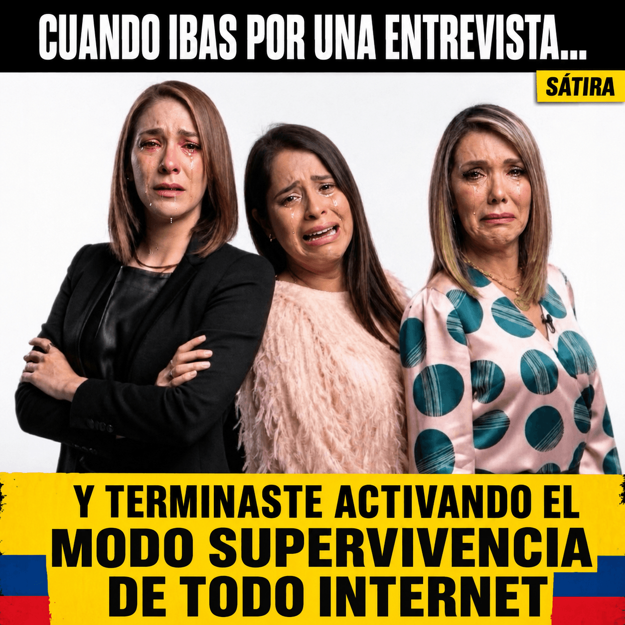 Meme satírico de tres periodistas con el texto sobre una entrevista que activó el modo supervivencia de internet