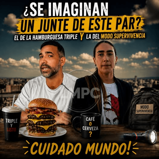 Meme sobre un encuentro ficticio entre el personaje de la hamburguesa triple y Sofía Vela en modo supervivencia