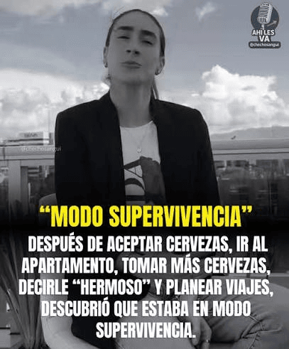 Meme en blanco y negro con Sofía Vela y un resumen humorístico del modo supervivencia