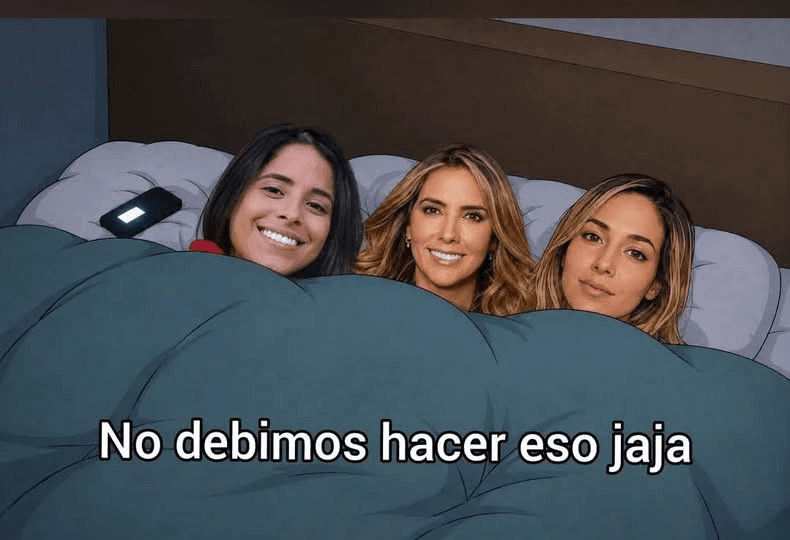 Montaje humorístico de tres periodistas bajo una cobija con el texto No debimos hacer eso jaja