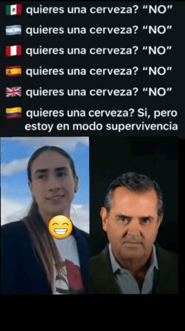 Meme con banderas de varios países y una respuesta colombiana sobre aceptar cerveza en modo supervivencia