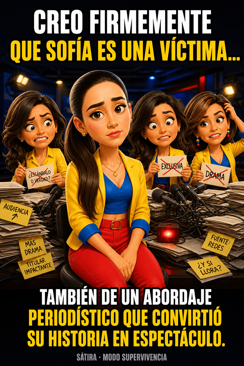 Caricatura satírica de Sofía frente a tres periodistas en un set caótico con un mensaje crítico sobre el abordaje periodístico