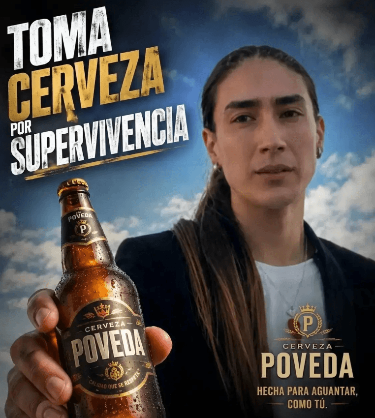 Montaje satírico con una cerveza ficticia Poveda y el texto Toma cerveza por supervivencia