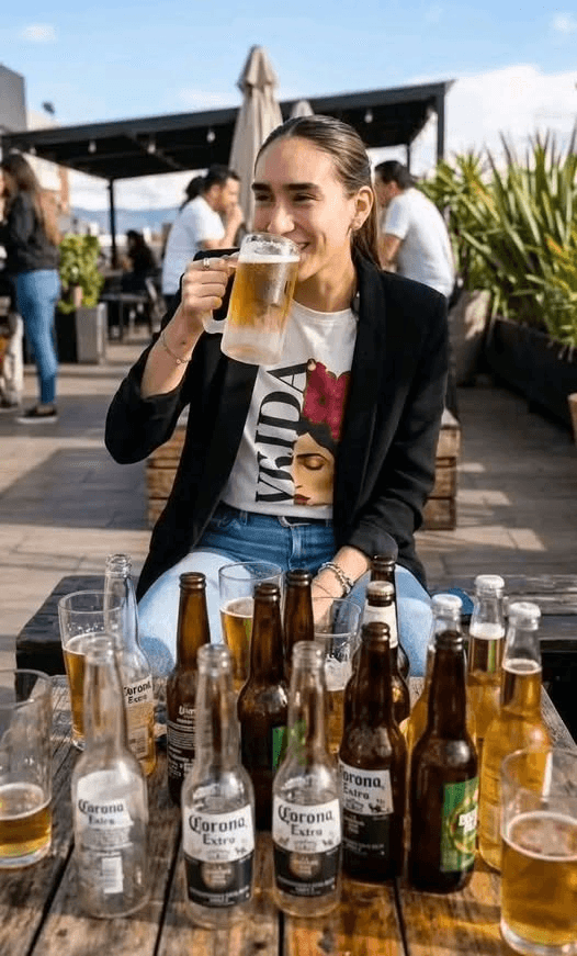 Fotomontaje humorístico de Sofía Vela sosteniendo una cerveza frente a una mesa llena de botellas