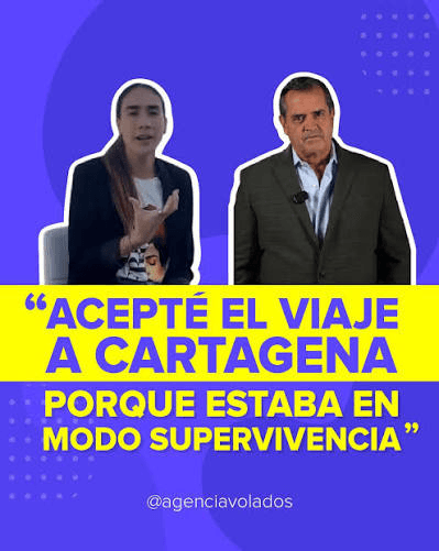Meme morado y amarillo con Sofía Vela, Rafael Poveda y el texto Acepté el viaje a Cartagena