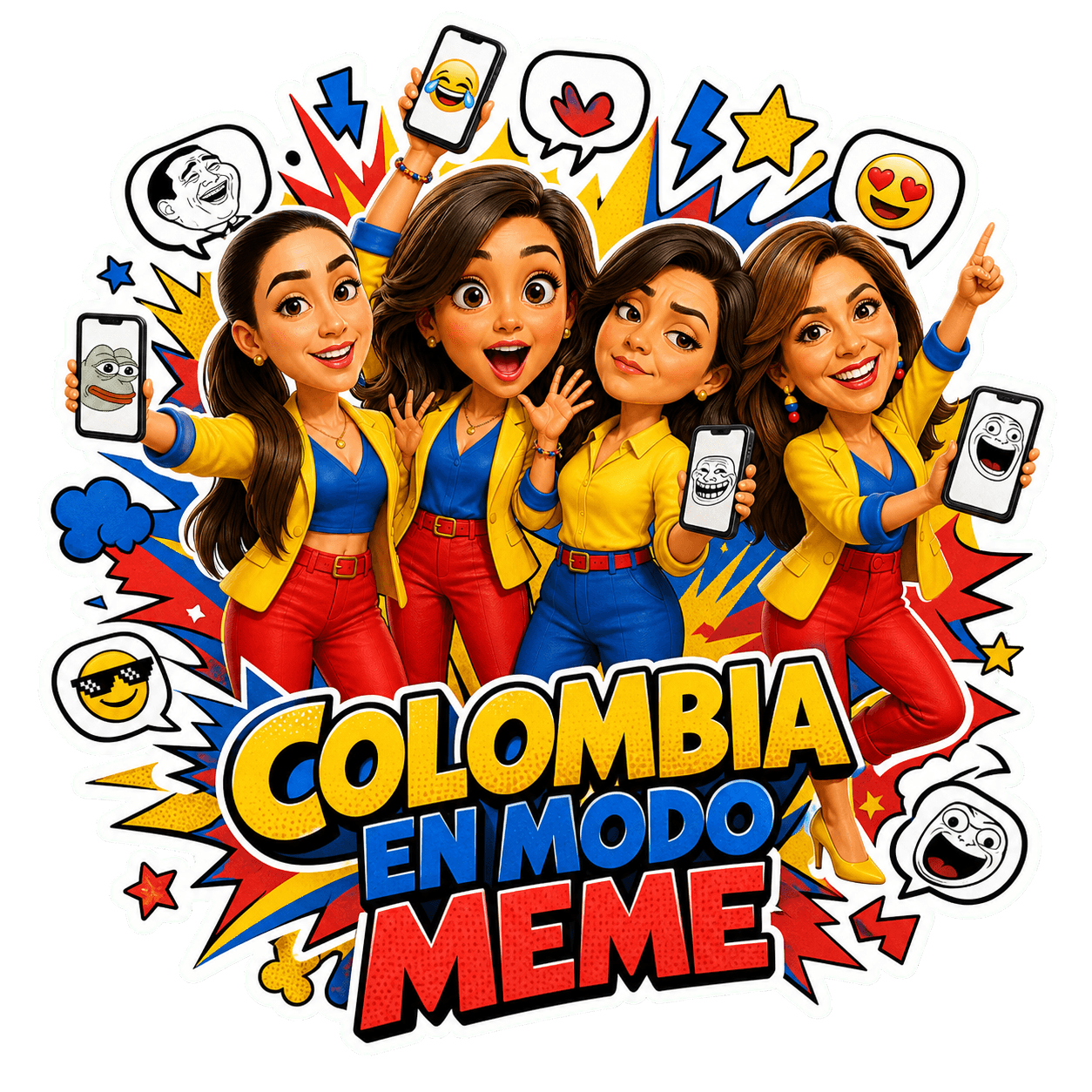 Caricaturas celebrando con los colores de Colombia y el mensaje Colombia en modo meme