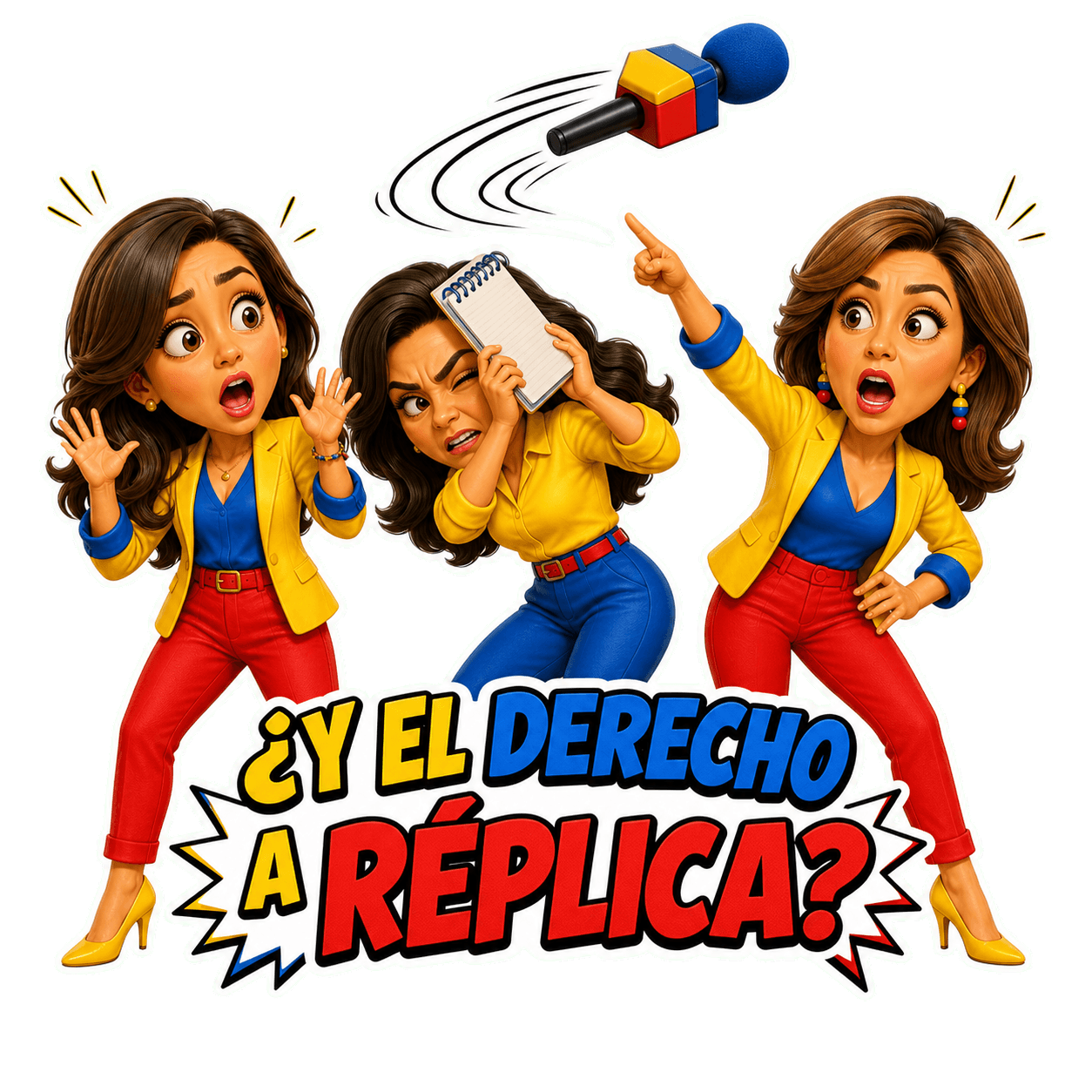Caricatura de periodista con micrófono preguntando por el derecho a réplica