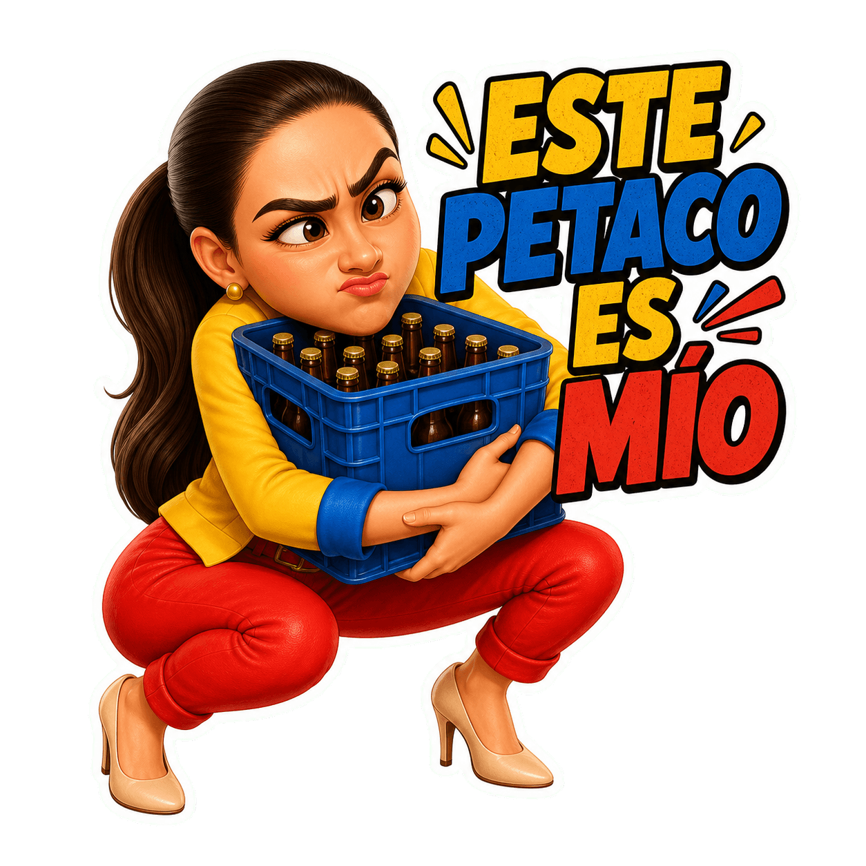 Caricatura abrazando una caja de cervezas con el mensaje Este petaco es mío
