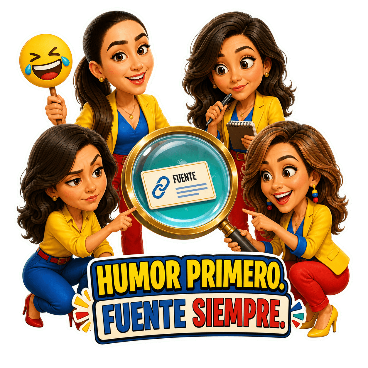 Caricatura sosteniendo una lupa con el mensaje Humor primero fuente siempre