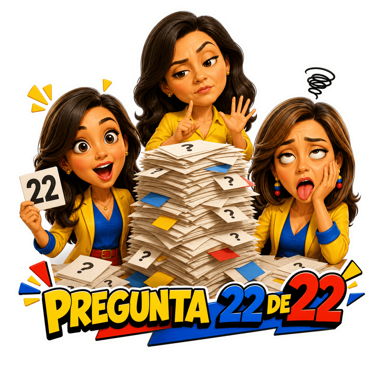 Tres caricaturas de periodistas con el mensaje Pregunta 22 de 22