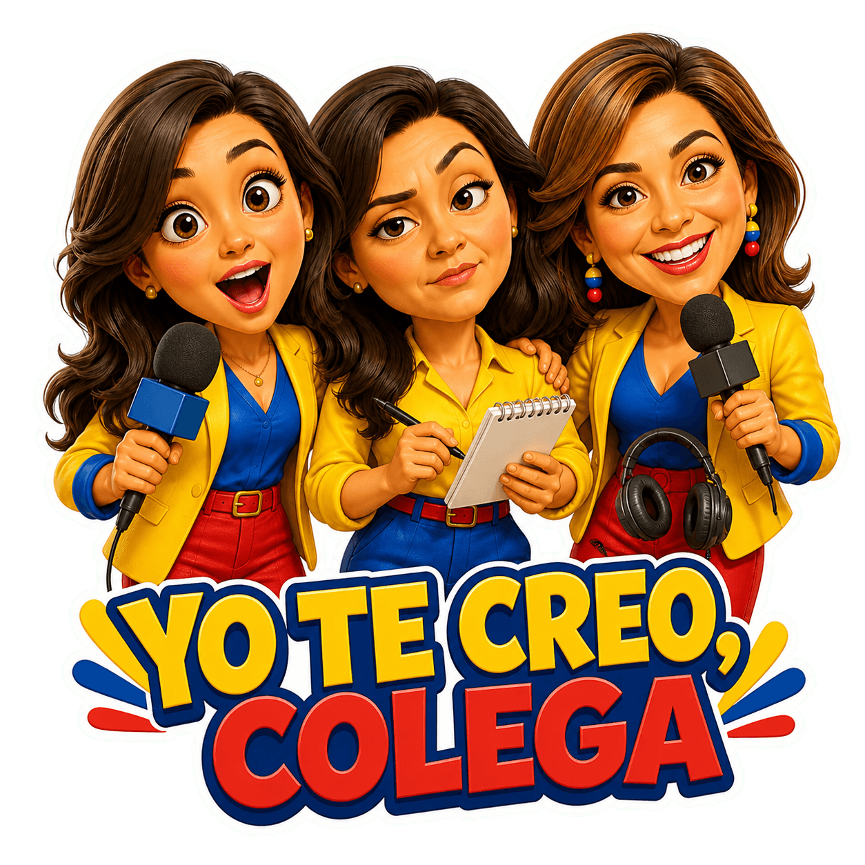 Tres caricaturas de periodistas con el mensaje Yo te creo colega
